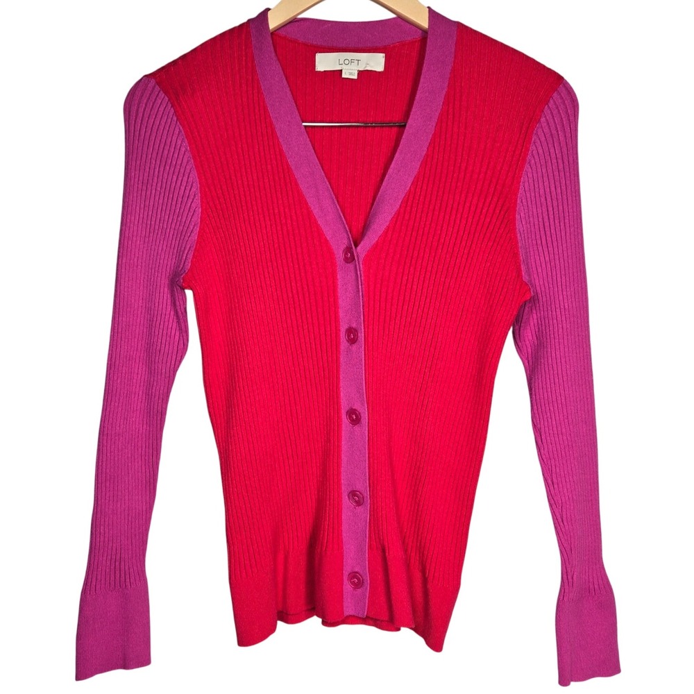 LOFT Women's Red Pink Colorblock Ribbed V Neck Button Front Cardigan Sweater L